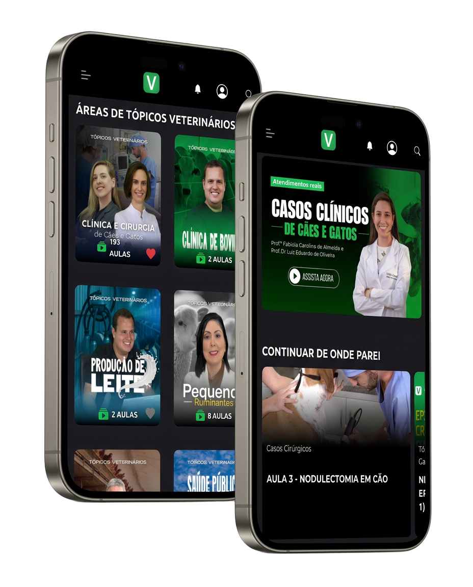 Plataforma VET Profissional no celular: áreas de tópicos veterinários e casos clínicos