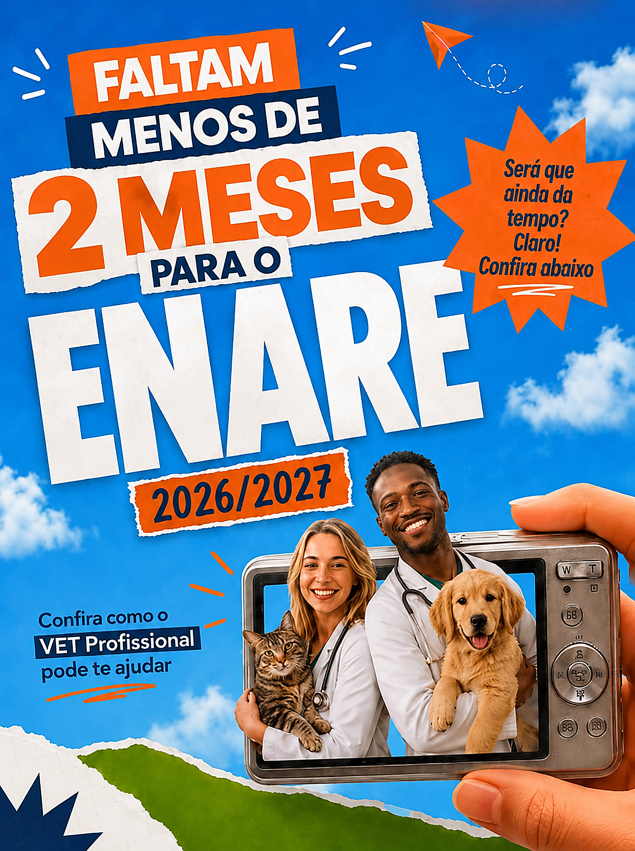 Preparatório ENARE Medicina Veterinária 2026/2027 — dois veterinários sorrindo com um cachorro e um gato