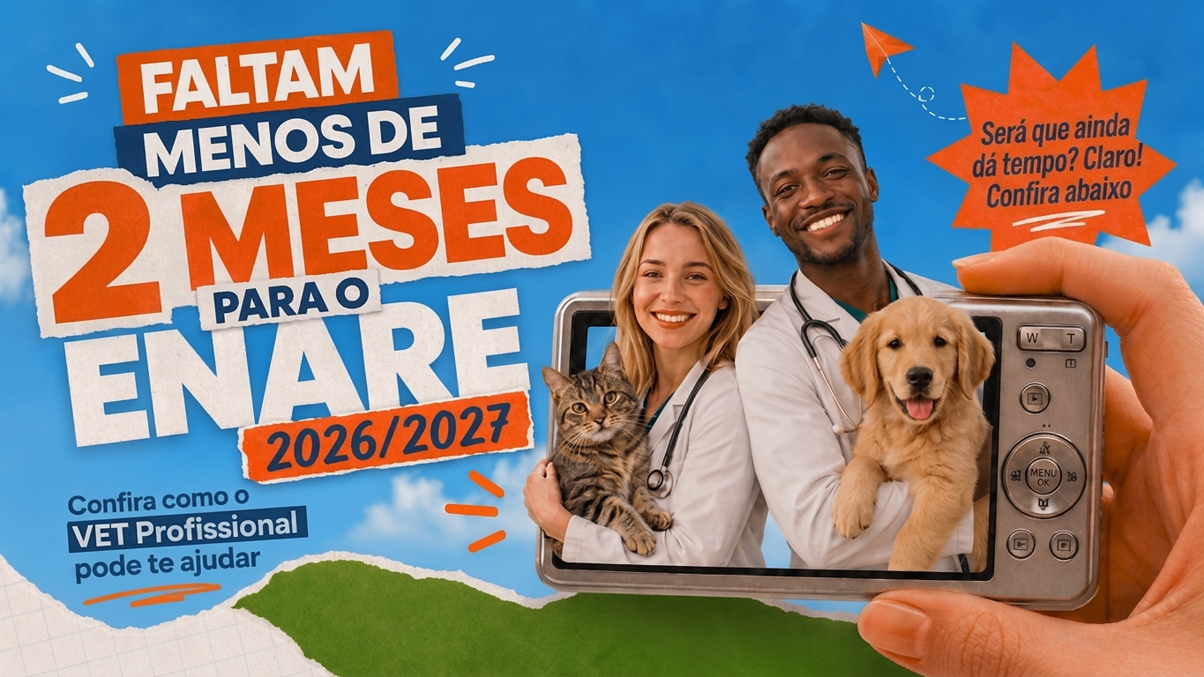 Preparatório ENARE Medicina Veterinária 2026/2027 — dois veterinários sorrindo com um cachorro e um gato