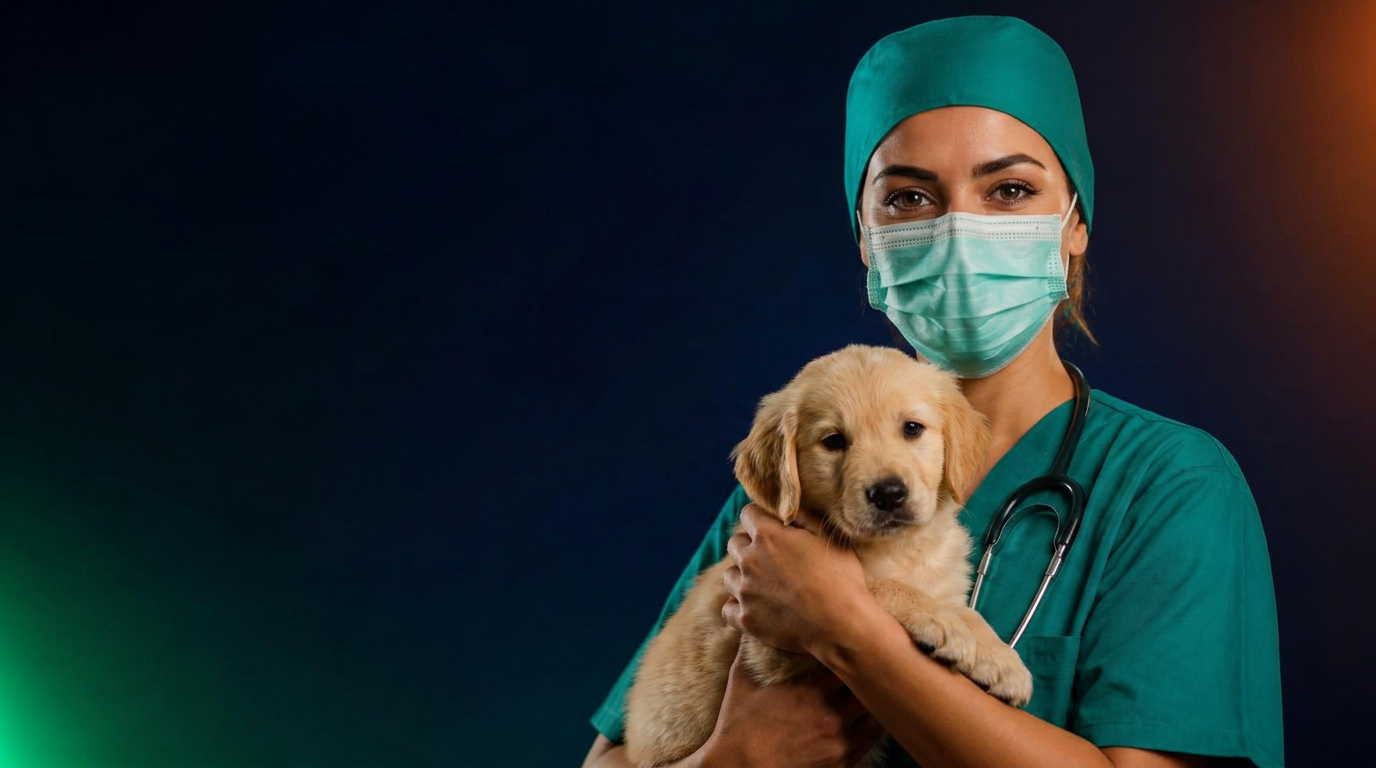 Preparatório ENARE Medicina Veterinária 2026/2027 — veterinária 3D em scrubs verdes com estetoscópio