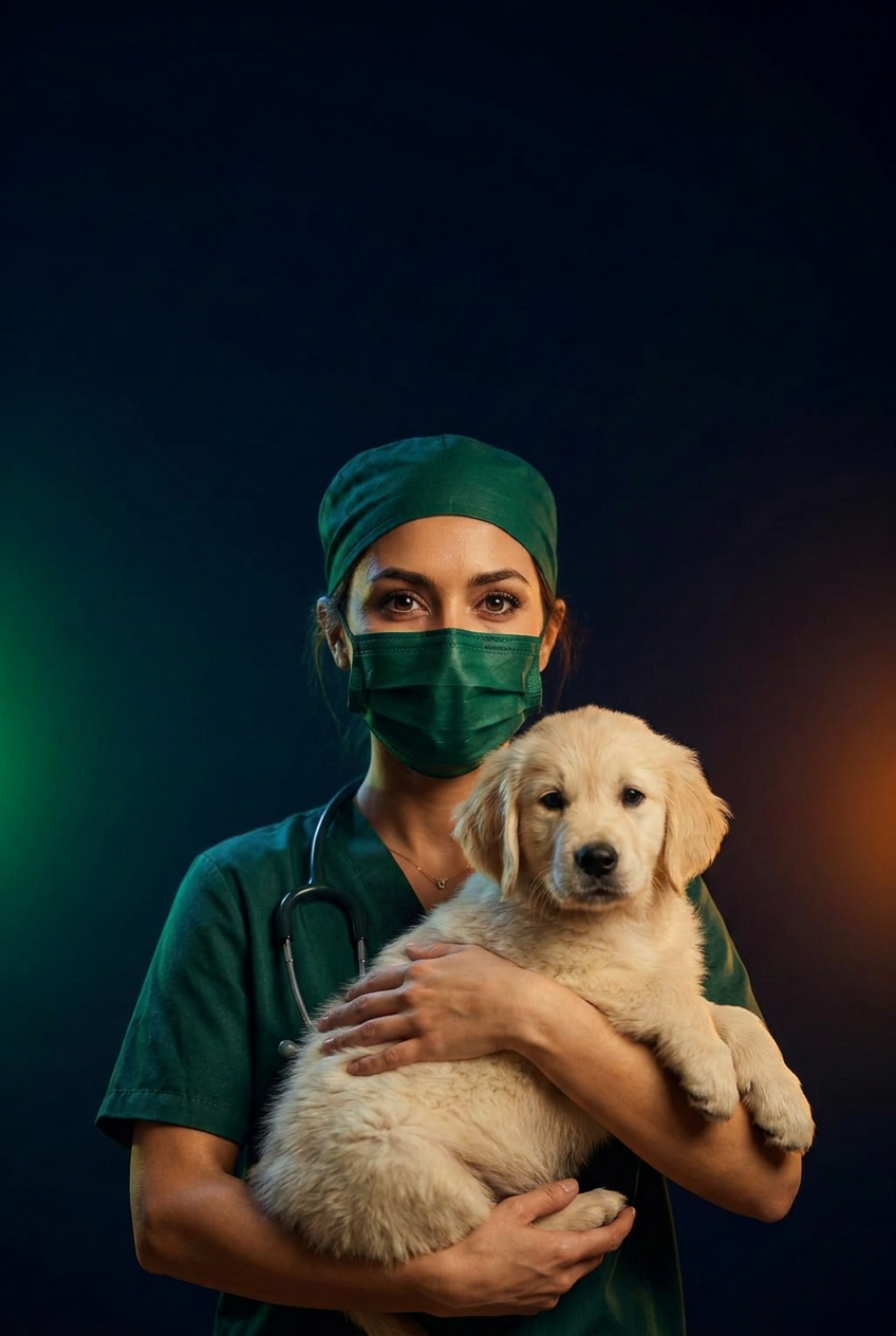 Preparatório ENARE Medicina Veterinária 2026/2027 — veterinária 3D em scrubs verdes com estetoscópio